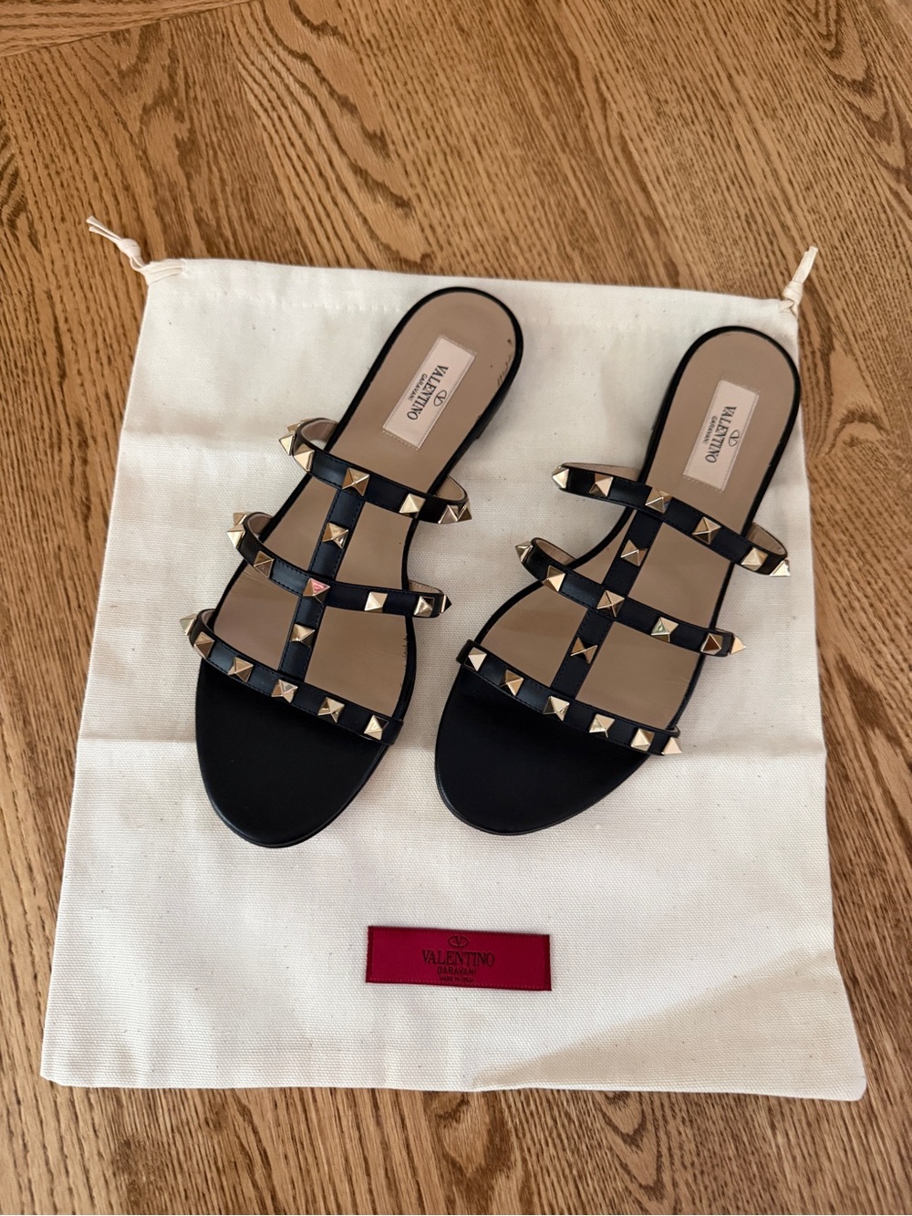 Valentino Garavani Black Rockstud Triple-Strap Slide Mules. Size 38.5